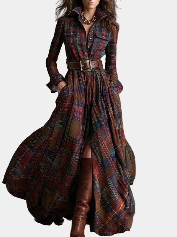 Ἑλένη – Μακρύ Καρό Φόρεμα με Ρευστή Γραμμή